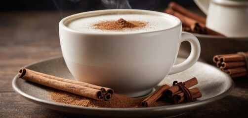  The image features a cup of steaming hot coffee with a spoonful of cinnamon on top of it, making for a delightful be.