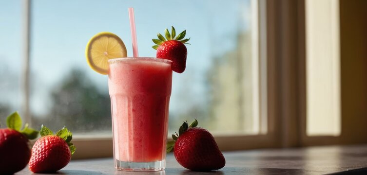 The image showcases a table with four strawberries, a glass of pink juice or smoothie, and a lemon garnish.