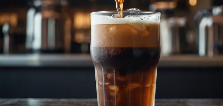  The image shows a tall glass filled with a dark, liquid beverage. The drink is accompanied by foam on top and appears to have ice mixed in.