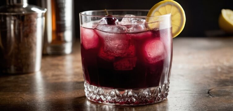  In the image, there is a tall glass filled with a purple drink. The drink has ice and a lemon wedge sticking out of it.