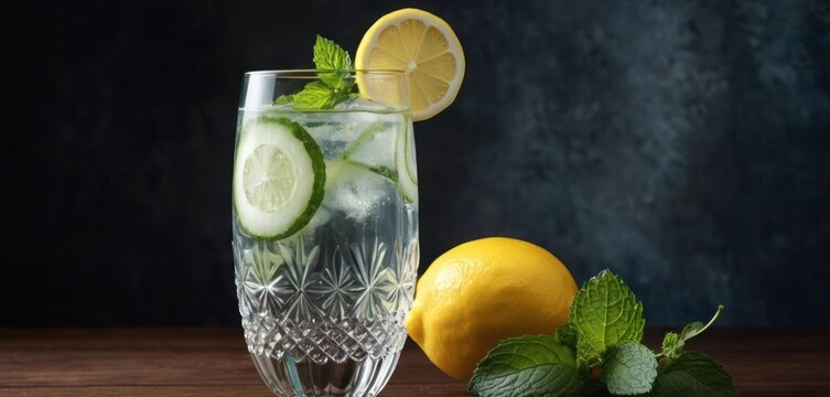  .The image features a glass filled with ice and garnished with lemon slices. The glass is placed on a table, and there are two.