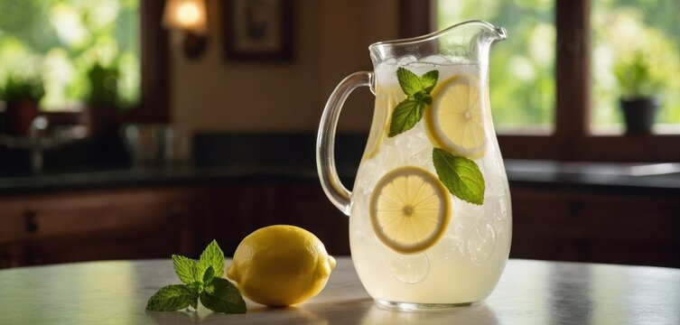  .The image features a kitchen counter with a large pitcher of lemonade or water sitting on it. A single lime and a slice of le.