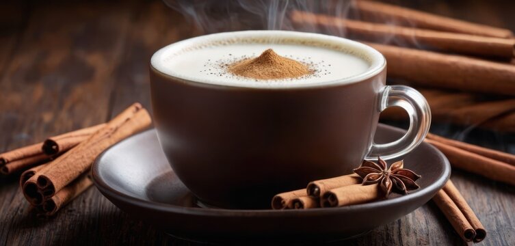  The image features a cup of coffee with cinnamon, ginger and nutmeg spices on top. The beverage is placed on a.