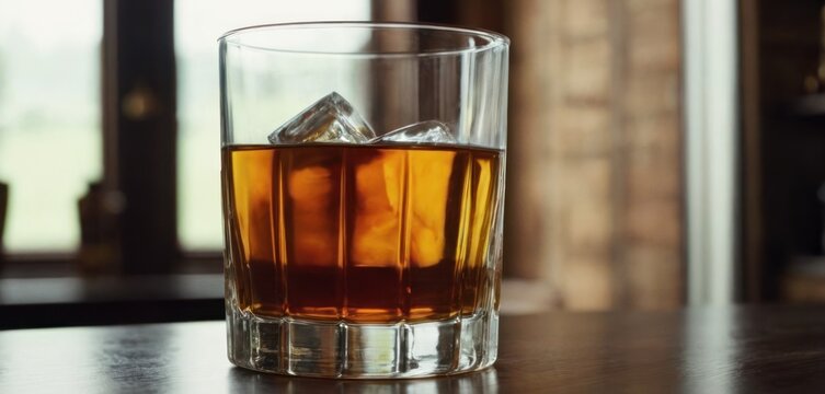  This image features a glass filled with ice and whiskey. The drink is placed on a wooden table in what appears to be a bar or restaurant setting..