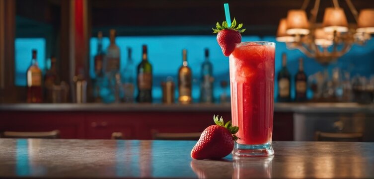  The image features a countertop with a red strawberry in the foreground. Behind the strawberry, there is a glass filled with an.