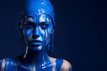 Fashion Concept. Closeup portrait of beautiful woman girl in blue flowing thick fluid gel paint. illuminated with dynamic composition light. sensual, mysterious, advertisement, copy text space	
