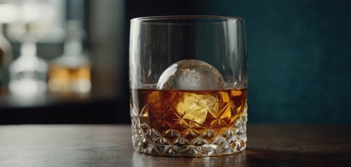  The image features a small, round object in the middle of a glass filled with whiskey. The glass is placed on a wooden table and appears to be.