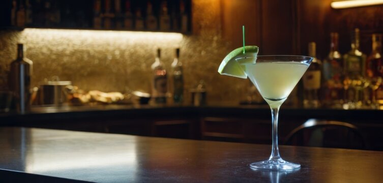  .The image features a bar scene with a glass of green liquid, which is likely a cocktail or mixed drink. The glass is placed on the.