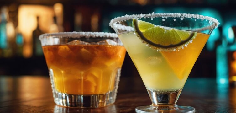  .This image features a table with two drinks, one containing vodka and the other containing tequila. The drink on the left is a.