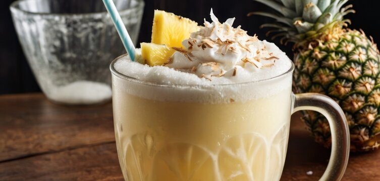 .In the image, there is a glass filled with a creamy and sweet drink, topped with pineapple shavings. The glass is.