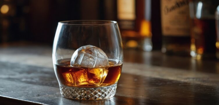  In this image, there is a glass filled with ice and whiskey on a table. The glass contains an oversized ball of ice that has m.