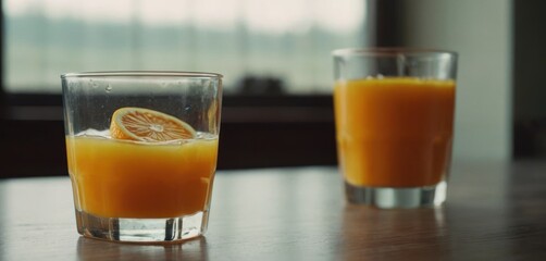  .In the image, there are two glasses of orange juice on a table. One is placed closer to the foreground and the other one in.