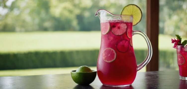  .The image depicts a table with a large pitcher of pink lemonade, along with an additional container. The drink is poured.