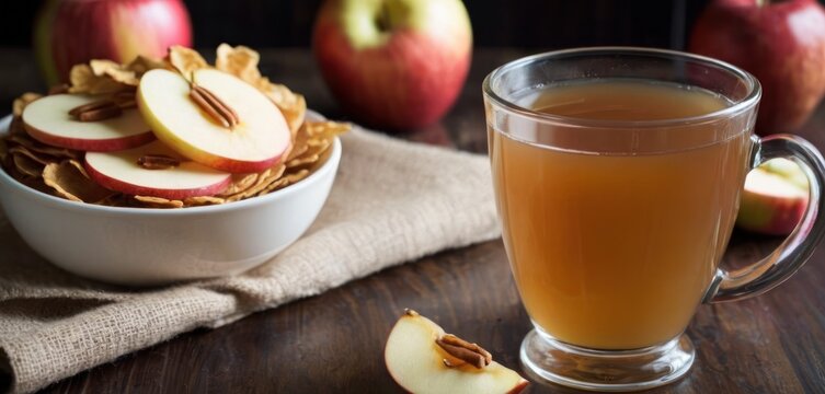  This image features a table with various apples and apple chips, along with a cup of tea. The apples are placed on the table in different.