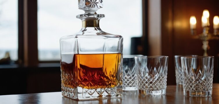  The image features a clear bottle of whiskey sitting on a table next to two glasses. The bottle has an attractive design, and it.