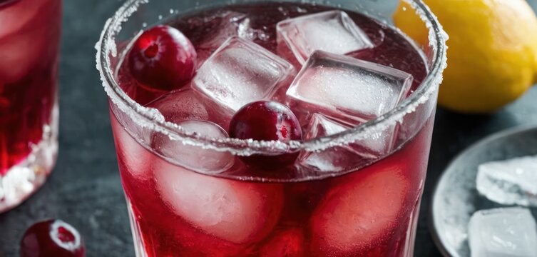  In the image, there is a glass filled with cranberry juice and ice. The drink contains various fruits such as limes, oranges.