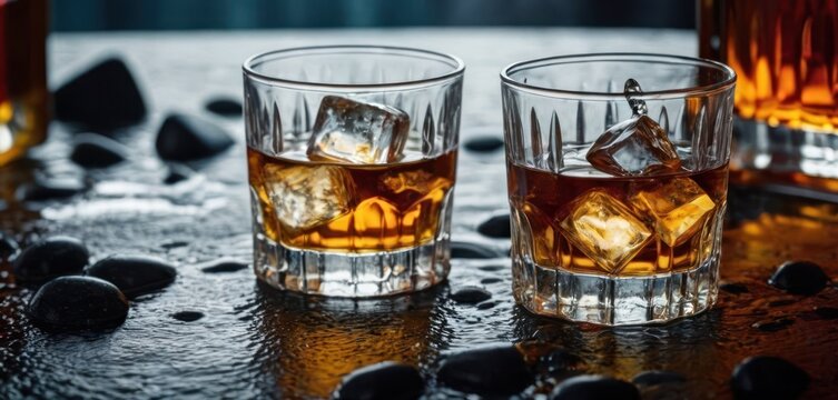  .The image features a table with two glasses of whiskey on it. One glass is positioned towards the left side, and another is placed slightly.