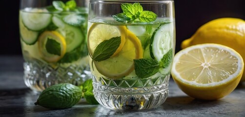  .In the image, there are two glasses filled with a mixture of lemon and mint. One glass is placed on the left side of the table.