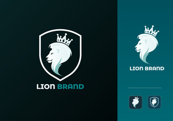 Lion Logo Design Vector Template. Modern Abstract Royal Lion Brand Logo Illustration with Shield, Crown icon. Strength, King, Brave, Beast, Lio, hunting, predator, regal, Sign or Symbol Logo Element.