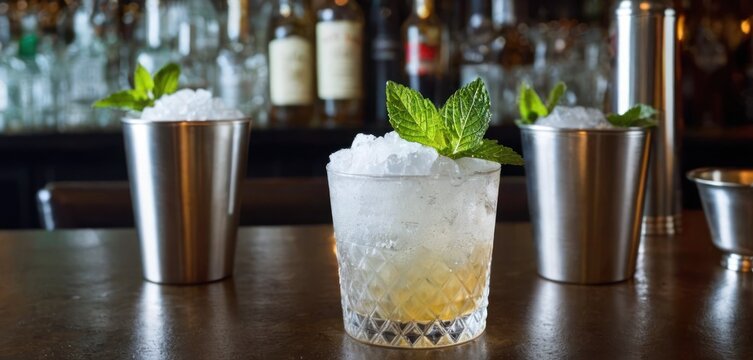  .The image features a bar scene with two cocktails garnished with mint leaves on the counter. One of the drinks is placed in.