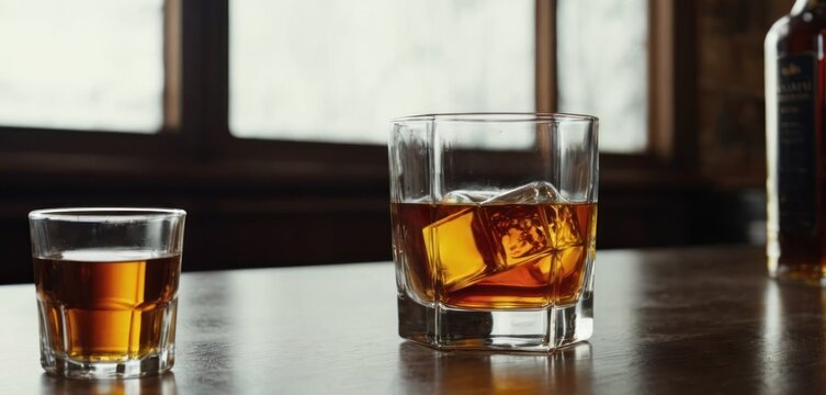  .In the image, there is a small shot glass filled with whiskey sitting on a countertop next to a full-sized glass. The small.