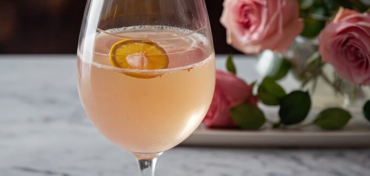  The image features a glass of wine on a table. The wine has orange slices in it, adding some color and flavor to the drink. Al.