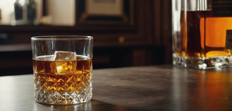  The image shows a glass filled with whiskey sitting on top of a wooden surface, possibly a table or counter. The glass is placed in front of a.