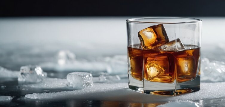  .The image displays a close-up of a glass filled with liquid, which appears to be whiskey, ice cubes, and possibly a few orange.