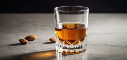  The image features a shot glass of whiskey sitting on a table next to some nuts. The shot glass is filled with whiskey, and it appears.