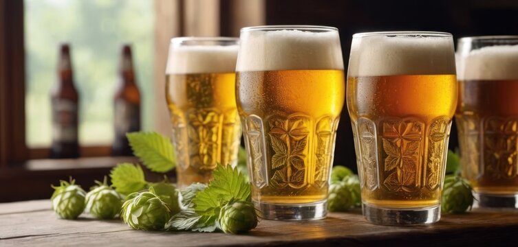  .The image displays a wooden table with five tall, full glasses filled with beer. Each of the glasses is adorned with a decor.