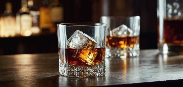  .In the image, there is a glass containing ice and whiskey placed on a table. Beside it, another glass of whiskey is situated..