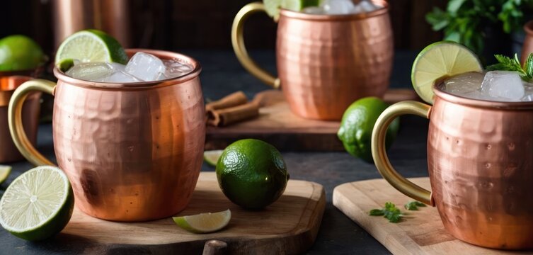  .The image features a dining table with several copper mugs and limes placed on it. There are four cups, some of which have.
