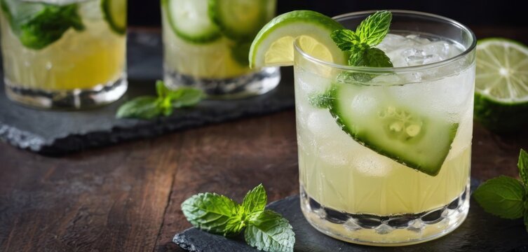  .The image features a cocktail with cucumbers garnishing it, placed on a table. There are four glasses in total:.