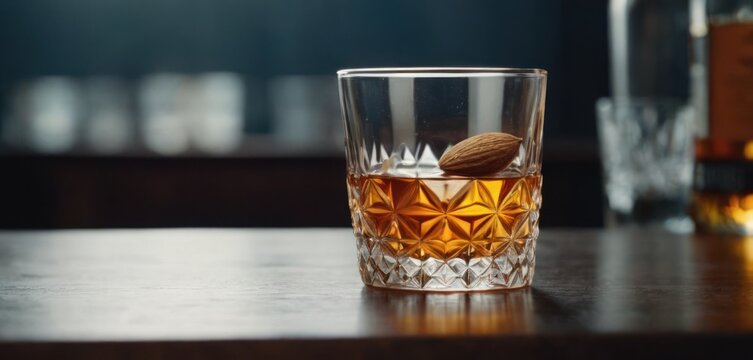  The image features a small glass of whiskey with one olive in the center. The glass is placed on a wooden bar or counter, surrounded by various.