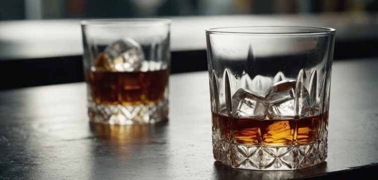  .The image shows two glasses filled with whiskey on a table. The glasses are made of crystal and have an attractive design, likely.