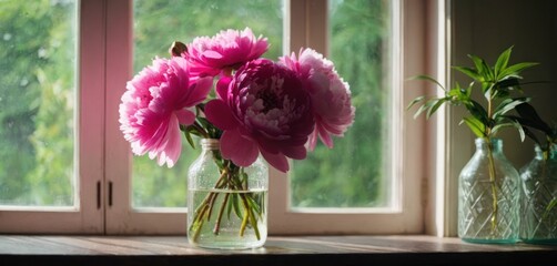  .This image features a vase filled with red flowers sitting on top of a wooden window sill. The vase is placed on the windowsill and.