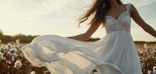  .A beautiful young woman wearing a white dress with long hair is standing in a field of white cotton, spinning around and looking at the camera.