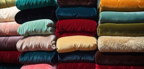  .The image shows a large pile of colorful blankets, possibly quilts and pillows, stacked on top of each other. The.