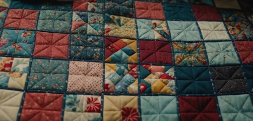  .The quilt in the image has a mix of red, green and blue colors. The fabric contains various designs including stars and diamonds on it..