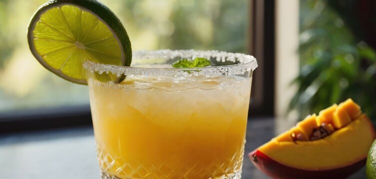 .In the image, there is a glass of alcohol with fruit, including lime wedges and possibly mango. The drink appears to be a.