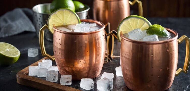  The image features two copper-colored, beaker-shaped drinking cups or mugs filled with ice and lime wedges..