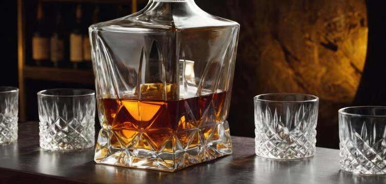  .The image showcases a glass decanter filled with amber-colored liquid, possibly whiskey or bourbon. The decanter is placed.