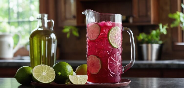  .In the image, a tall glass is filled with pink liquid and topped with sliced limes. The glass sits on a table.