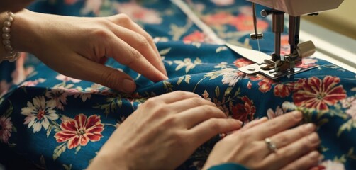  .The person is working on a flower-patterned blanket. They are using a needle and thread to sew pieces of fabric together. The.