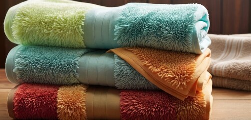  The image features a pile of folded towels on top of each other. The towels are in various colors, with one blue and.