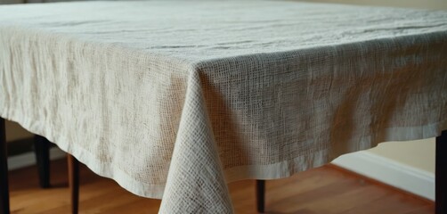  .This is a picture of a table with a white tablecloth on it. The tablecloth is folded over the edge of the table,.