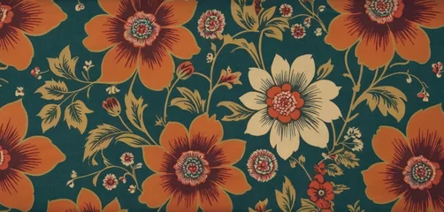 Gardinen  The image features a large, intricately patterned wallpaper with red and orange flowers as its design. The floral pattern is repeated throughout the background. © Jevjenijs