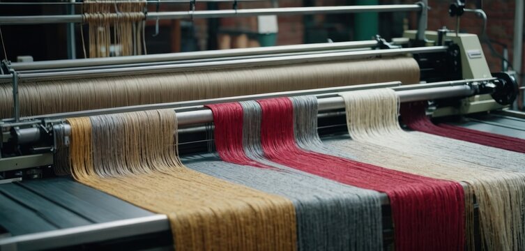  .The image displays a large loom, where various hanging yarns are being woven into fabric. There are at least ten different colors of.