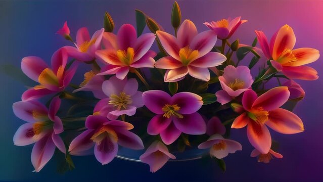 Multicolored lilies arranged in a vase, creating a striking contrast against a dark background.
