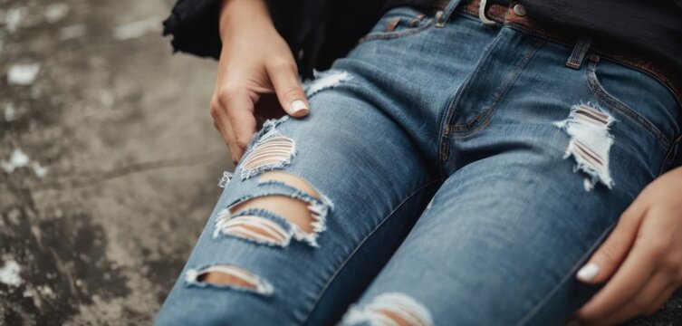  .In this image, a person is sitting on the floor with their back against a wall. They are wearing ripped jeans and have a hole.